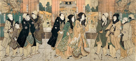 Os atores kabuki (da esquerda para a direita) Bando Tsurujiro, Ichikawa Sanzo, Ichikawa Danjuro VII, Matsumoto K ...